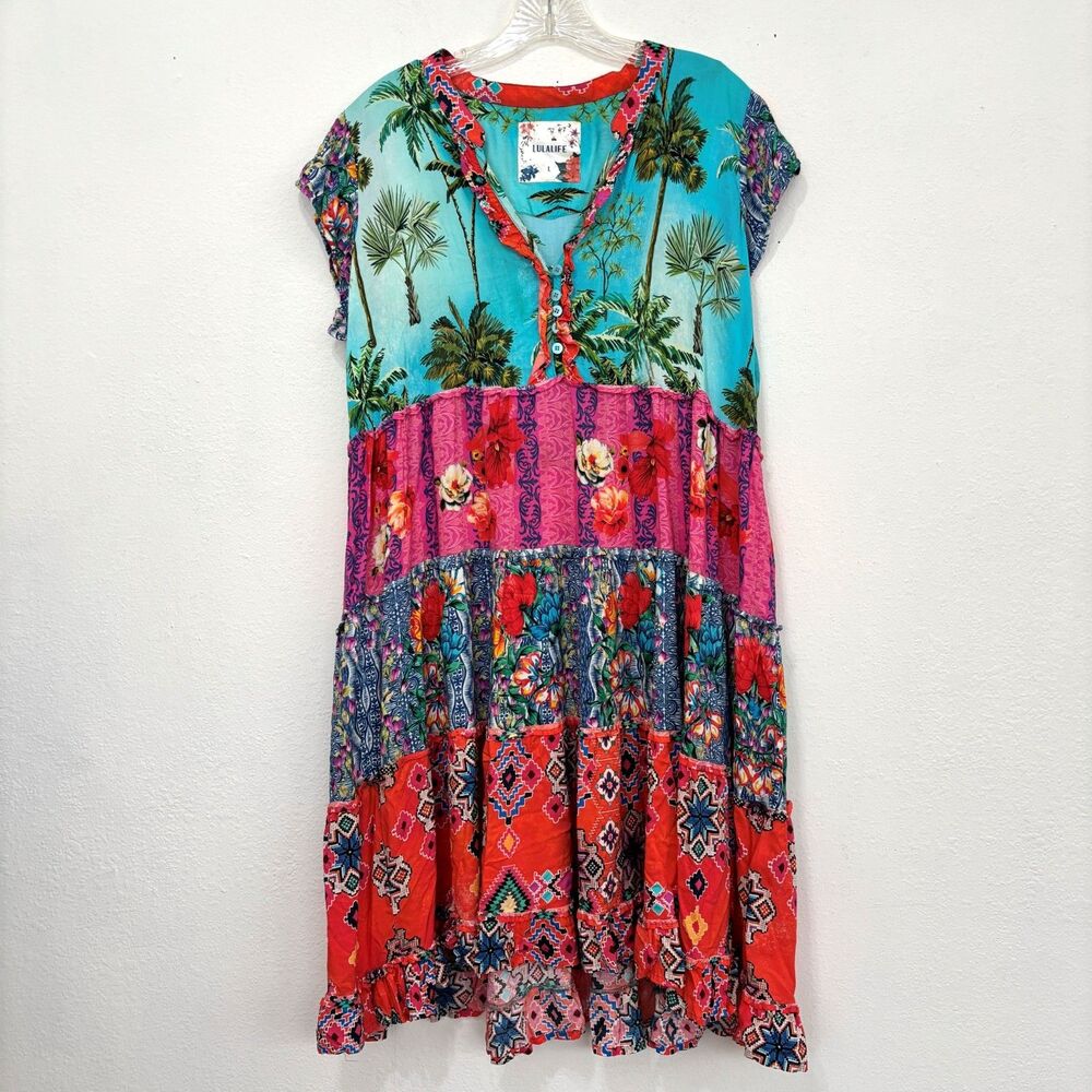 LulaLife Patchwork Boho Dress Size Large Cottage Coquette Indie Granola Peasant